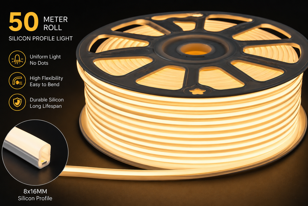 50 METER Flexible Silicone Neon Profile Light - Front Bend IP65 220v - Warm White